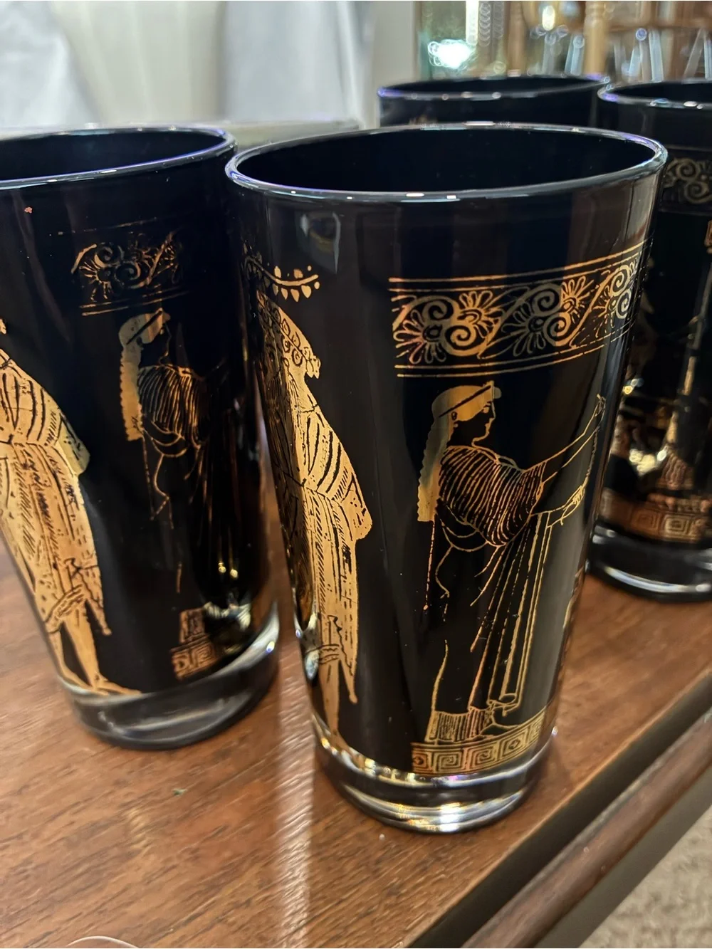 Egyptian Revival High Ball Black Gold Greek Motif Glass Tumblers - Set of 4 FAB!